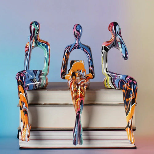 3Pcs Graffiti Thinker Figurine Set – Abstract Colorful Sitting Statues - Hizoni