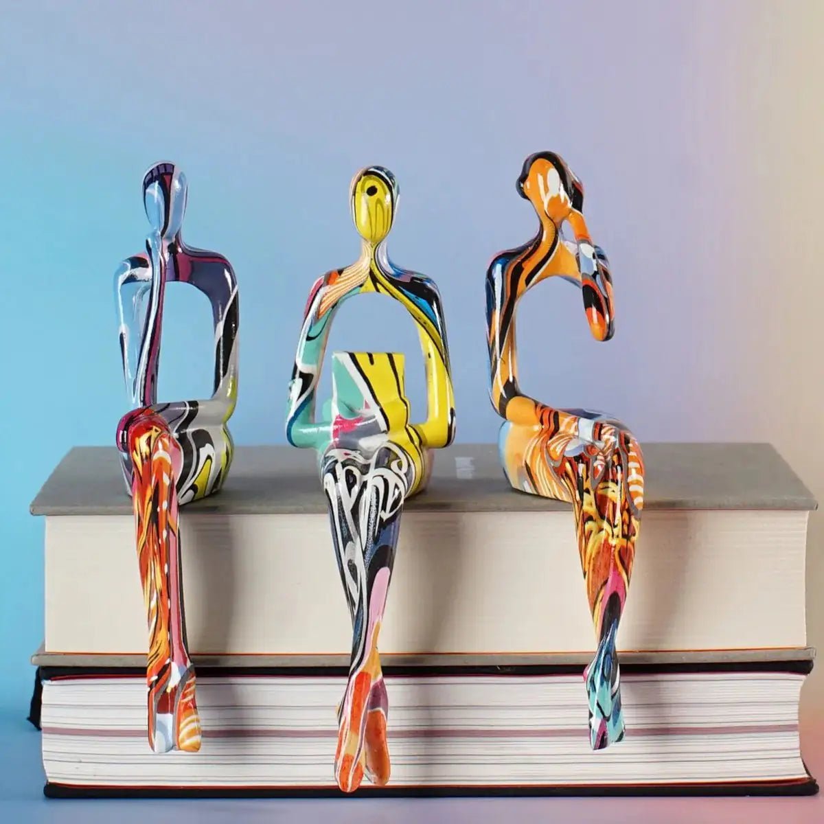 3Pcs Graffiti Thinker Figurine Set – Abstract Colorful Sitting Statues - Hizoni