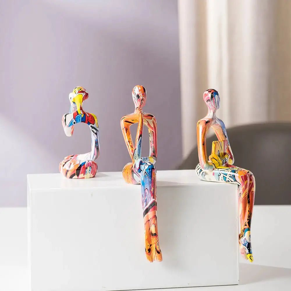 3Pcs Graffiti Thinker Figurine Set – Abstract Colorful Sitting Statues - Hizoni