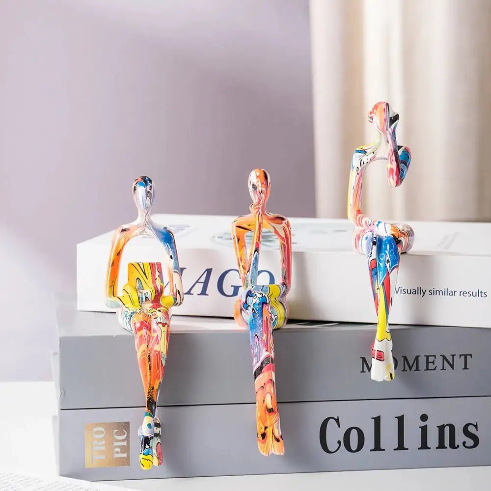 3Pcs Graffiti Thinker Figurine Set – Abstract Colorful Sitting Statues - Hizoni