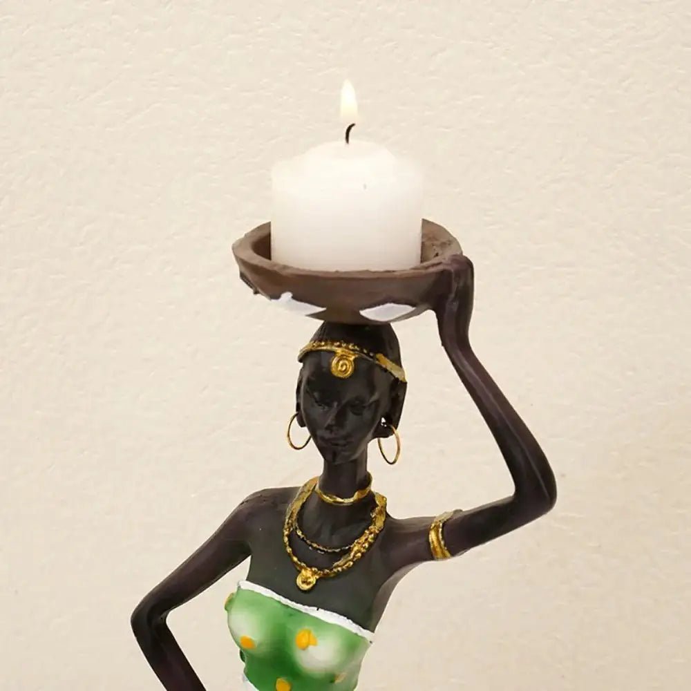 African Tribal Lady Candle Holder – Hand - Painted Resin Figurine Decor - Hizoni