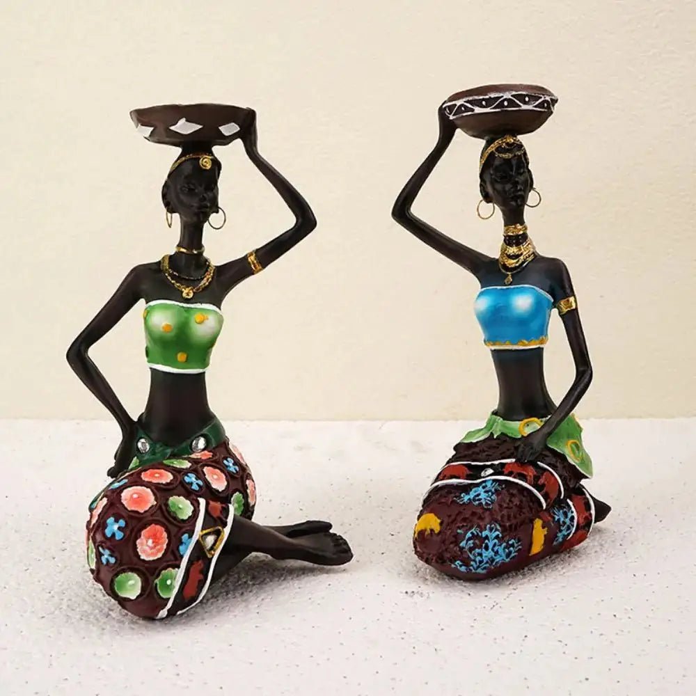 African Tribal Lady Candle Holder – Hand - Painted Resin Figurine Decor - Hizoni