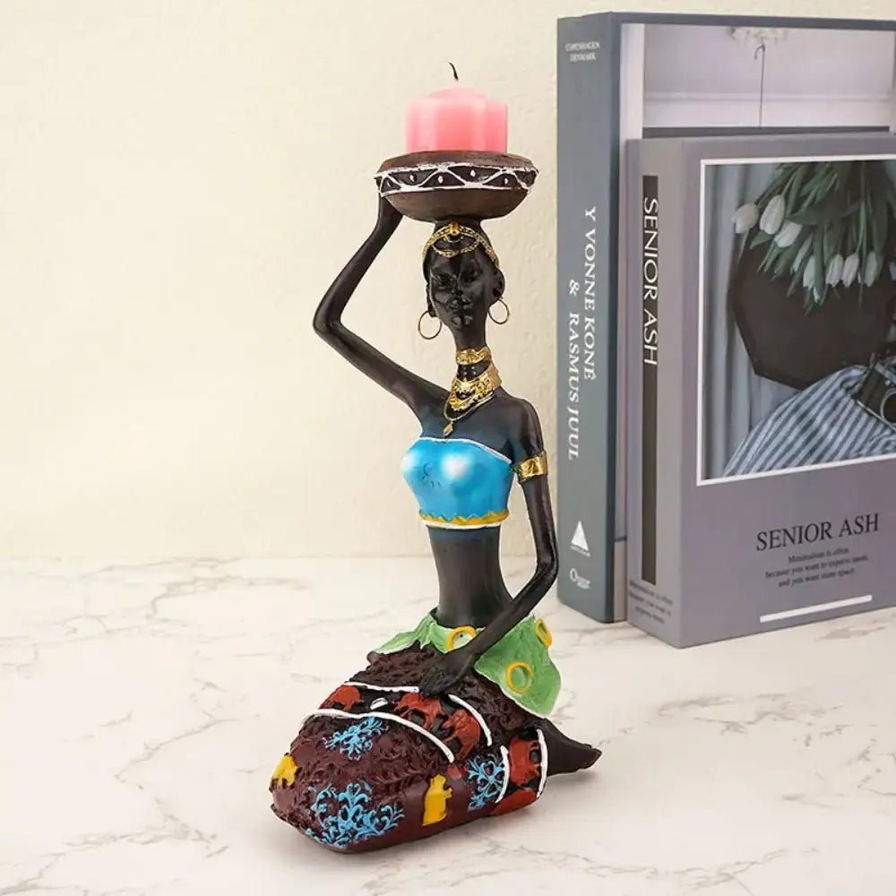 African Tribal Lady Candle Holder – Hand - Painted Resin Figurine Decor - Hizoni