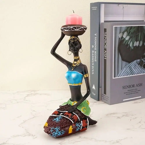 African Tribal Lady Candle Holder – Hand - Painted Resin Figurine Decor - Hizoni