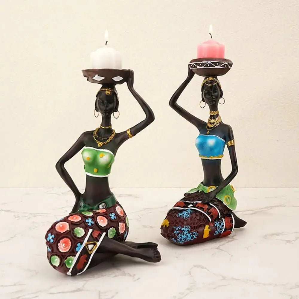 African Tribal Lady Candle Holder – Hand - Painted Resin Figurine Decor - Hizoni