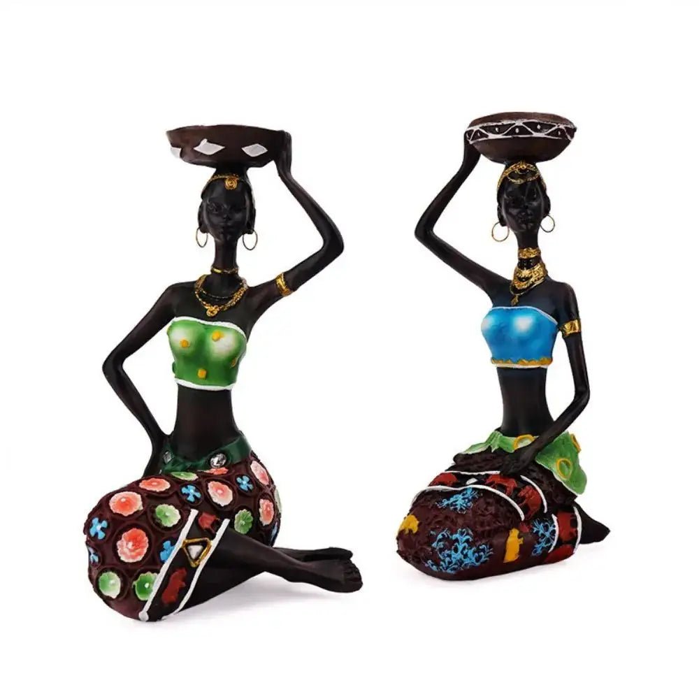 African Tribal Lady Candle Holder – Hand - Painted Resin Figurine Decor - Hizoni