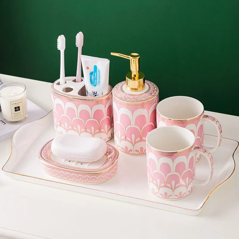 Ceramic Bathroom Accessory Set Modern 5 - Piece Home Set - Hizoni