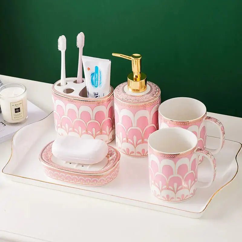 Ceramic Bathroom Accessory Set Modern 5 - Piece Home Set - Hizoni