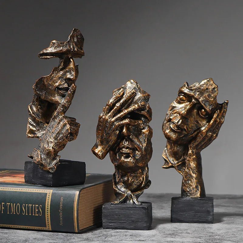 Executive Desk Sculpture Set – 3Pcs Abstract Face Statues in Copper - Tone - Hizoni
