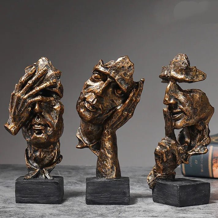 Executive Desk Sculpture Set – 3Pcs Abstract Face Statues in Copper - Tone - Hizoni