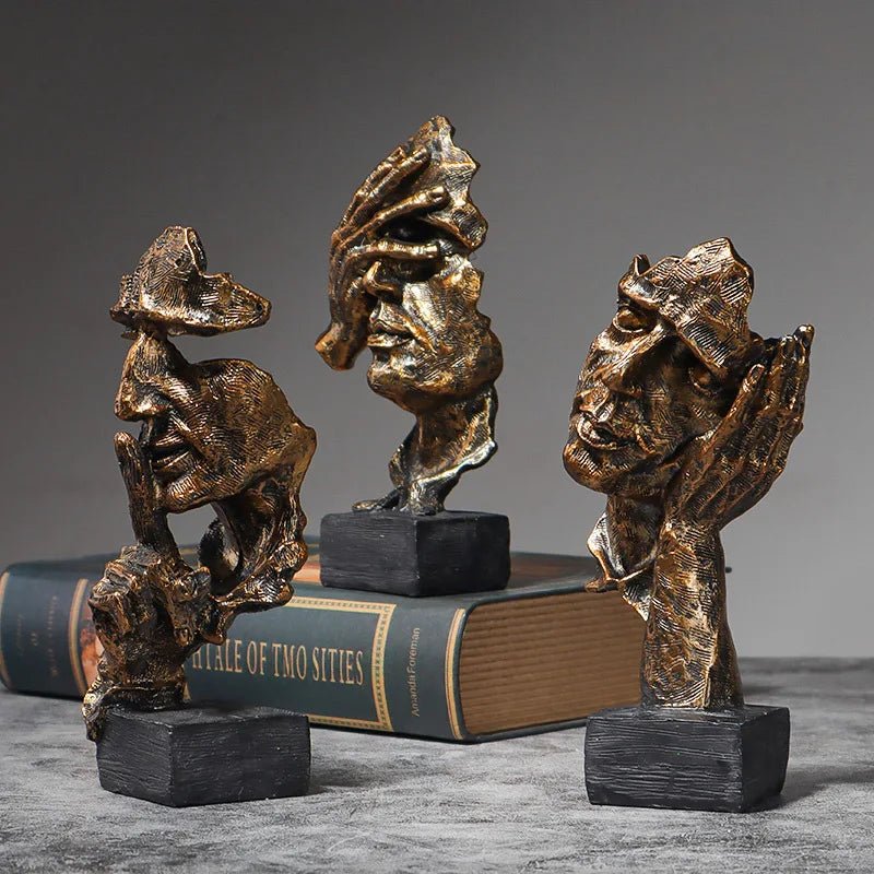 Executive Desk Sculpture Set – 3Pcs Abstract Face Statues in Copper - Tone - Hizoni