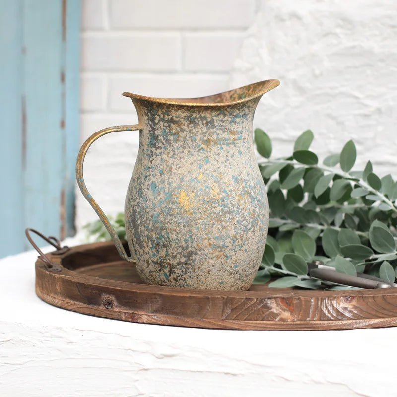 French Style Farmhouse Pitcher – Distressed Shabby Chic Metal Ornament - Hizoni