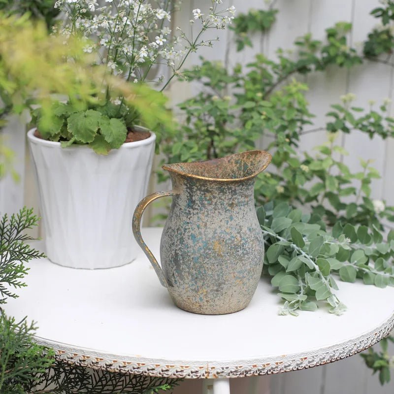 French Style Farmhouse Pitcher – Distressed Shabby Chic Metal Ornament - Hizoni