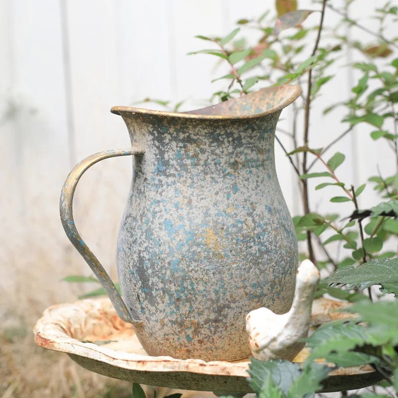 French Style Farmhouse Pitcher – Distressed Shabby Chic Metal Ornament - Hizoni
