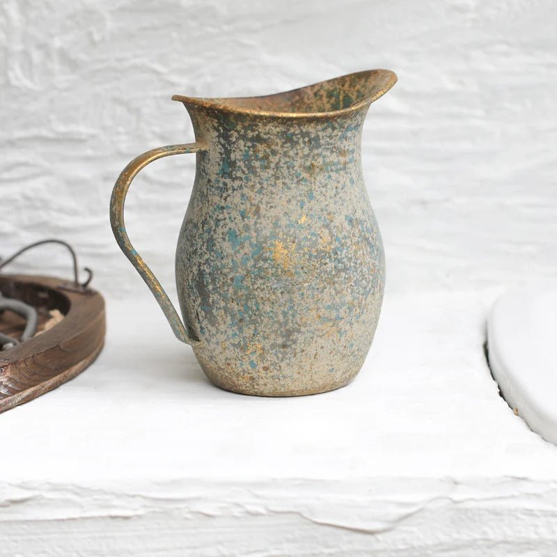 French Style Farmhouse Pitcher – Distressed Shabby Chic Metal Ornament - Hizoni
