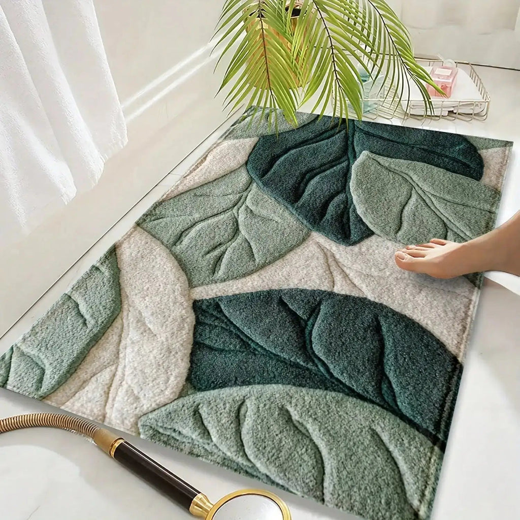 Green Leaf Plush Rug – Soft Botanical Bathroom & Bedroom Carpet - Hizoni