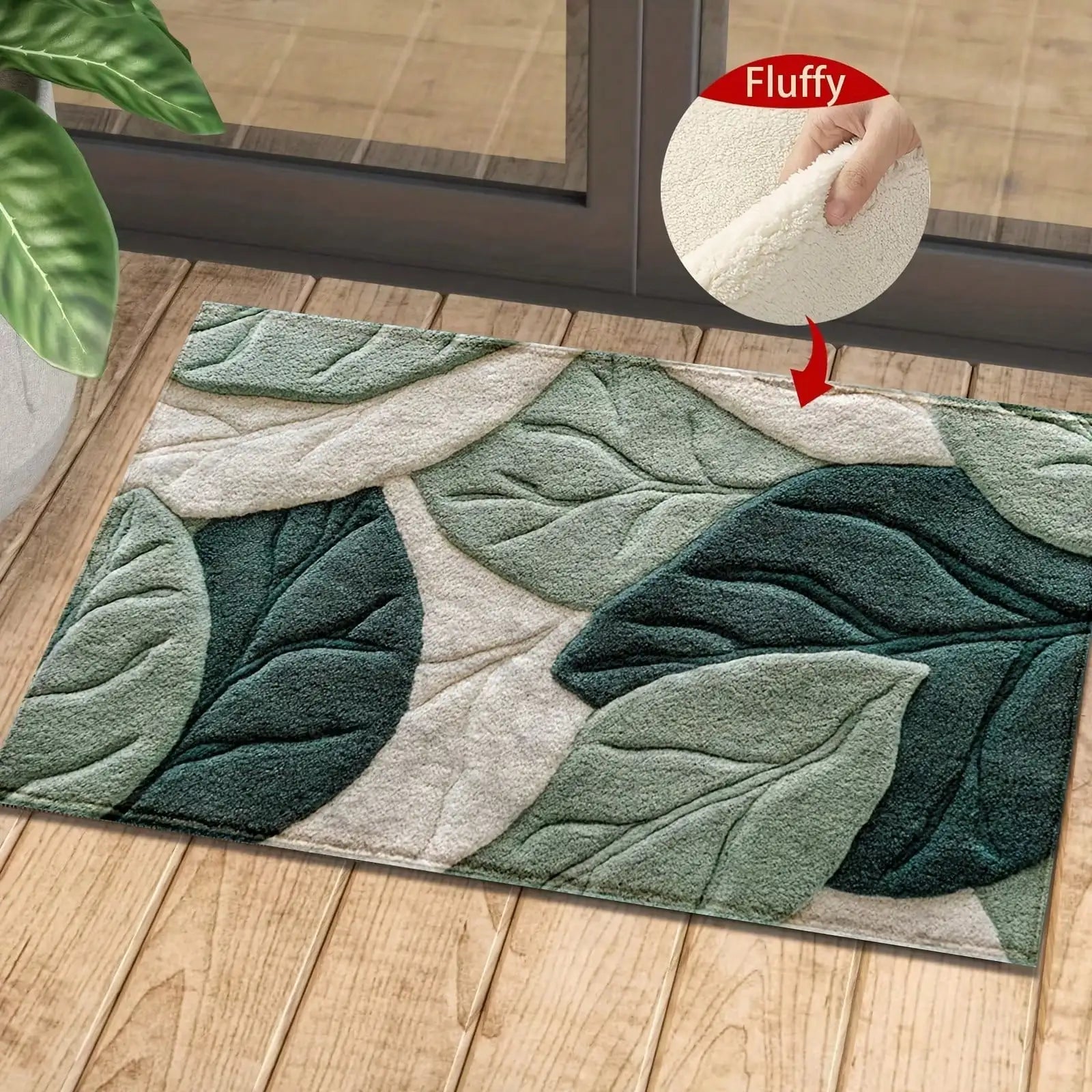 Green Leaf Plush Rug – Soft Botanical Bathroom & Bedroom Carpet - Hizoni