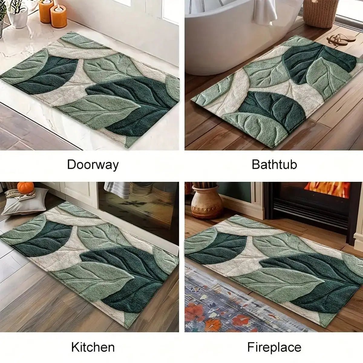 Green Leaf Plush Rug – Soft Botanical Bathroom & Bedroom Carpet - Hizoni