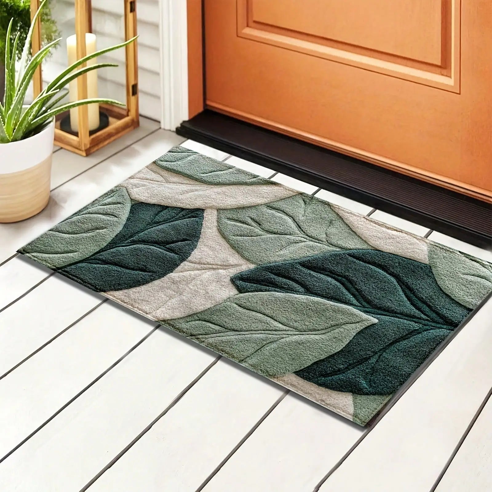 Green Leaf Plush Rug – Soft Botanical Bathroom & Bedroom Carpet - Hizoni