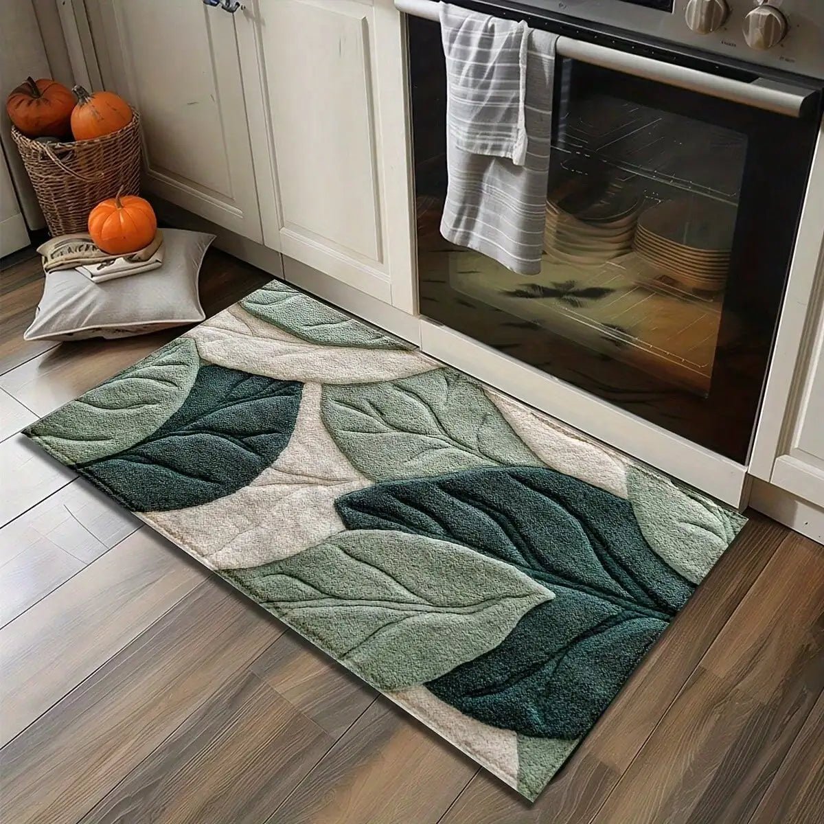 Green Leaf Plush Rug – Soft Botanical Bathroom & Bedroom Carpet - Hizoni