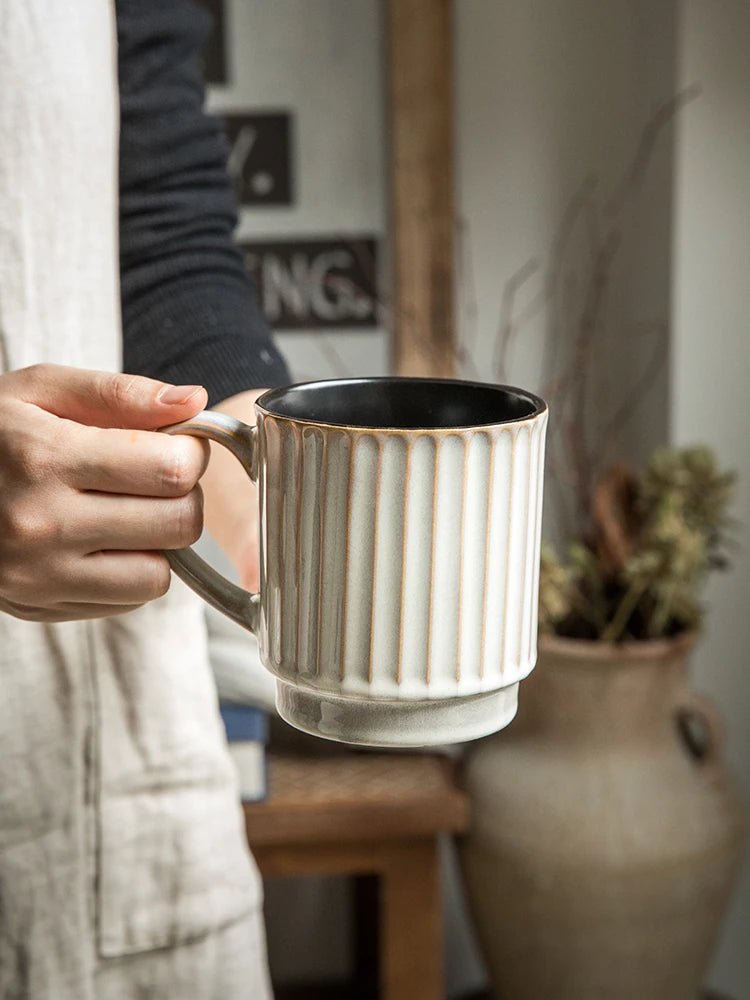 Handcrafted Style Ribbed Mug – 500ml Rustic Ceramic Coffee Cup - Hizoni