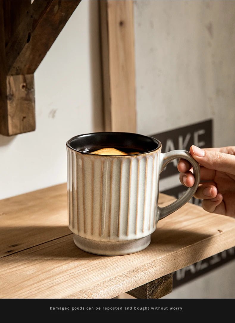 Handcrafted Style Ribbed Mug – 500ml Rustic Ceramic Coffee Cup - Hizoni