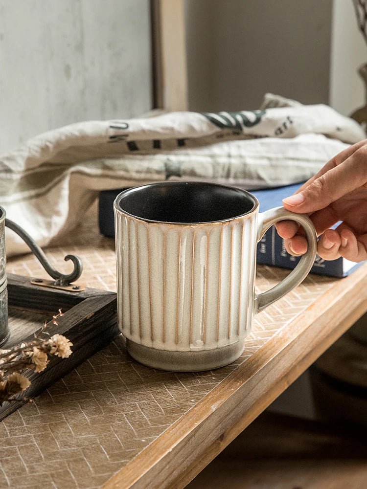 Handcrafted Style Ribbed Mug – 500ml Rustic Ceramic Coffee Cup - Hizoni