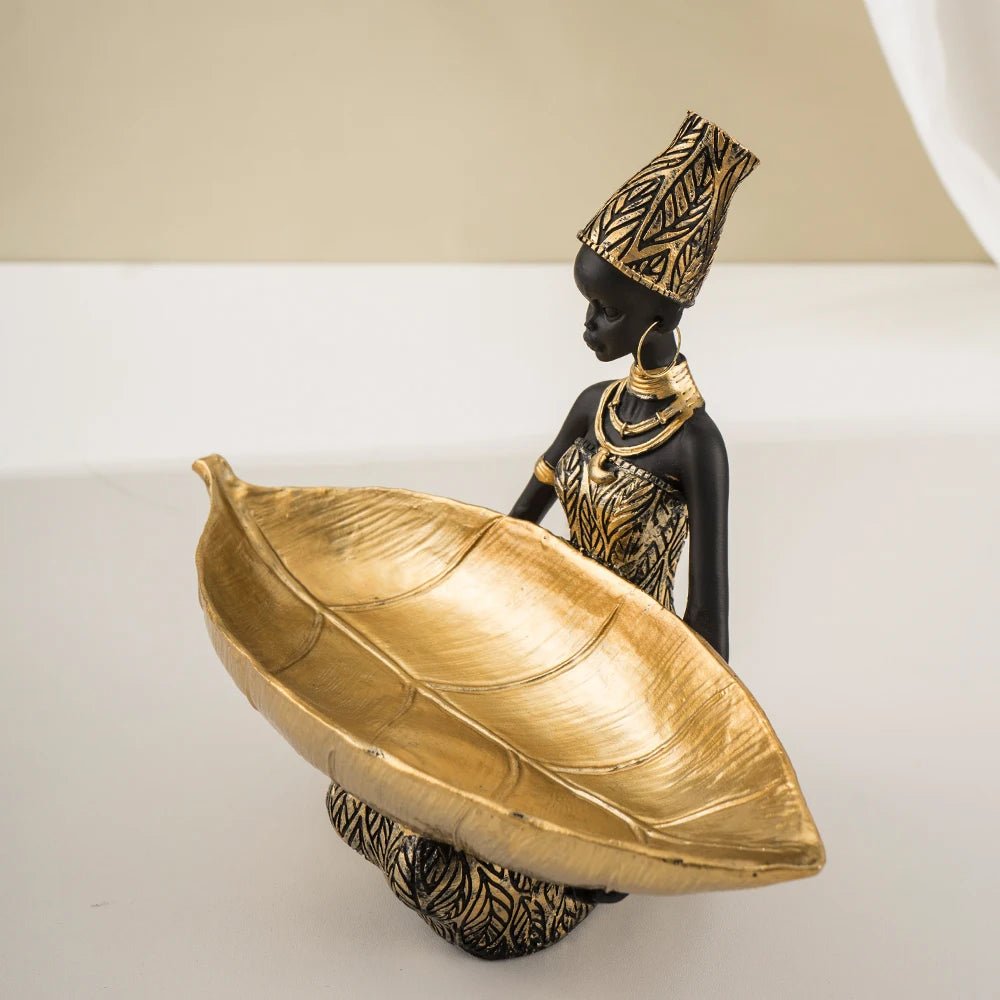 Luxury African Woman Figurine Tray – Gold - Tone Key & Candy Holder - Hizoni