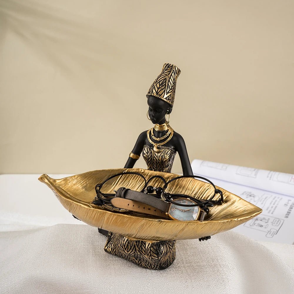 Luxury African Woman Figurine Tray – Gold - Tone Key & Candy Holder - Hizoni