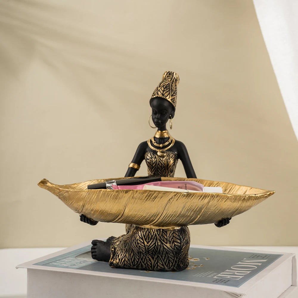 Luxury African Woman Figurine Tray – Gold - Tone Key & Candy Holder - Hizoni