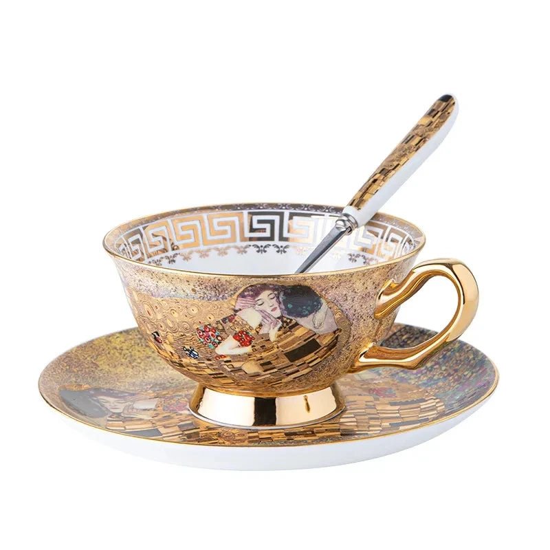 Luxury Art History Gift Set – Gustav Klimt Porcelain Cup, Saucer & Spoon - Hizoni