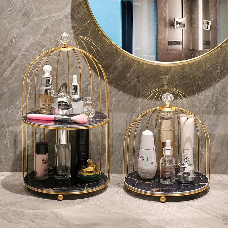 Luxury Birdcage Cosmetic Organiser – Nordic Gold Makeup & Perfume Rack - Hizoni
