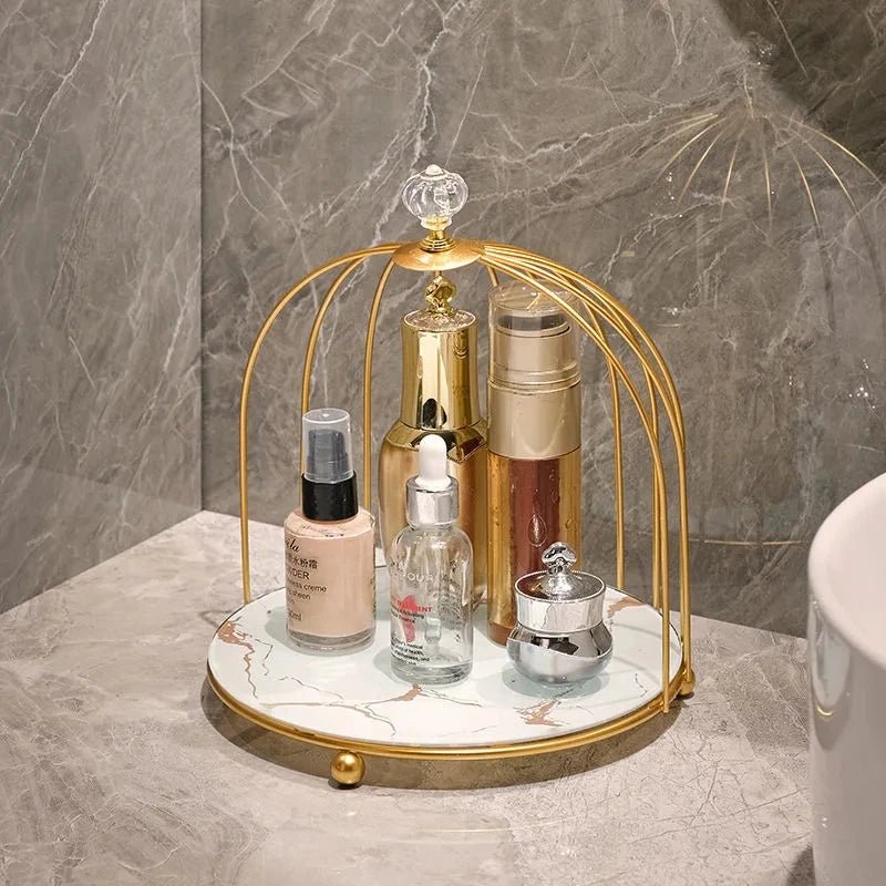 Luxury Birdcage Cosmetic Organiser – Nordic Gold Makeup & Perfume Rack - Hizoni