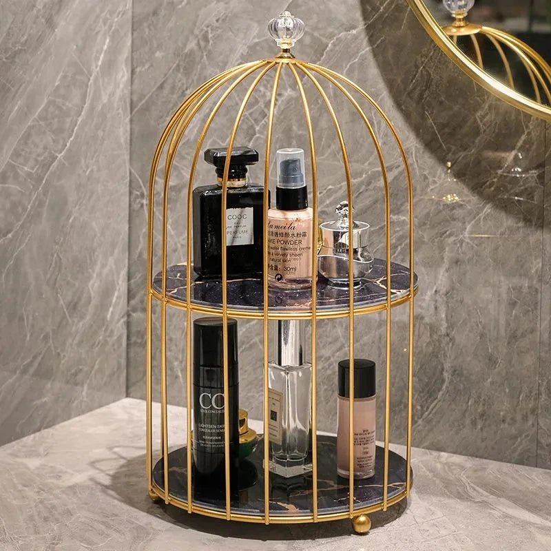 Luxury Birdcage Cosmetic Organiser – Nordic Gold Makeup & Perfume Rack - Hizoni