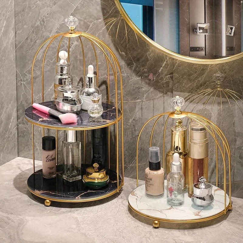 Luxury Birdcage Cosmetic Organiser – Nordic Gold Makeup & Perfume Rack - Hizoni