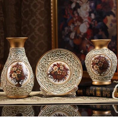Luxury Floral Ceramic Vase Set – 3 - Piece Embossed Home Decor Ornament - Hizoni