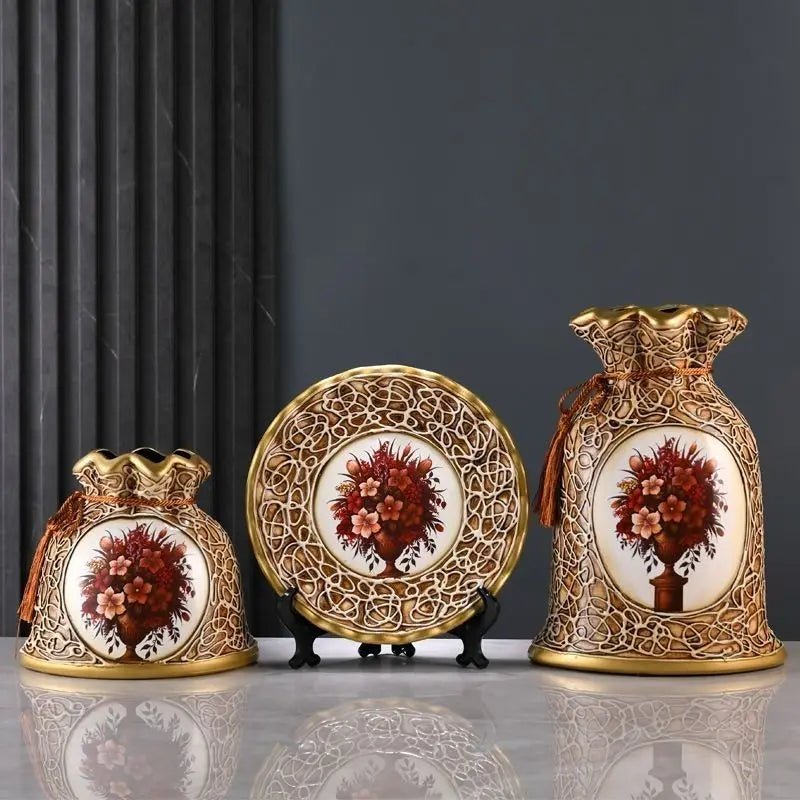 Luxury Floral Ceramic Vase Set – 3 - Piece Embossed Home Decor Ornament - Hizoni