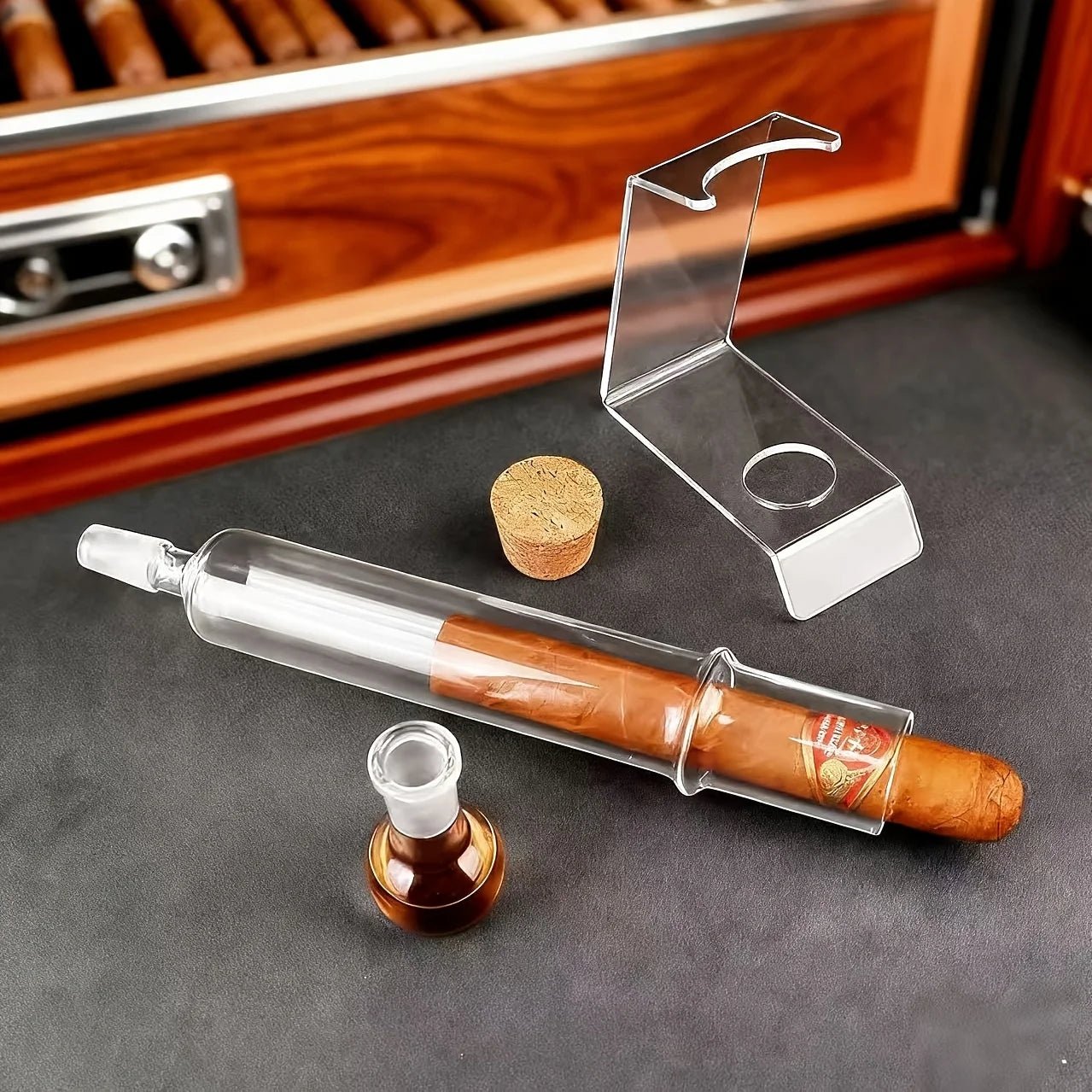 Luxury Glass Cigar Humidor Tube – Infuser Set with Wooden Stand - Hizoni
