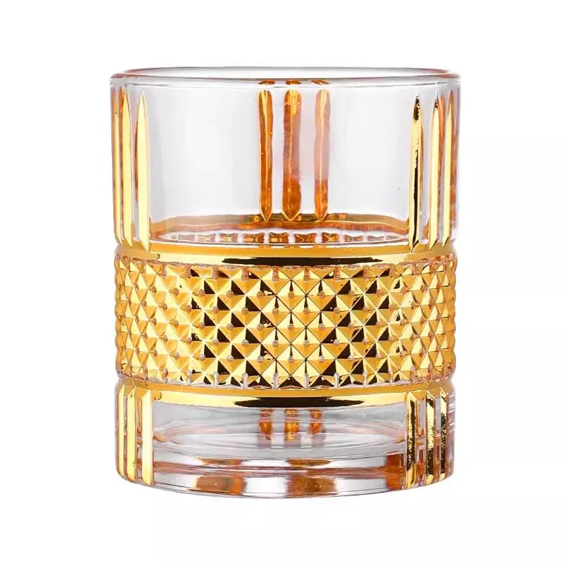 Luxury Gold Rim Whiskey Glass – Elegant Crystal Geometric Rocks Glass - Hizoni