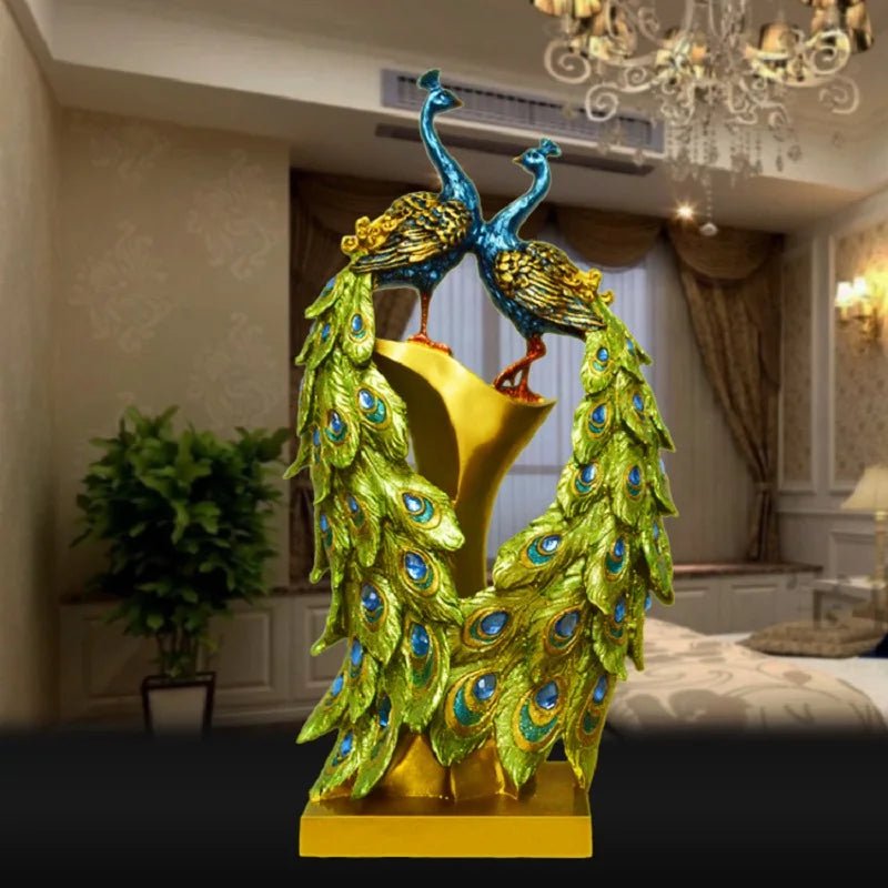 Luxury Resin Peacock Statue – Modern Gold - Tone & Blue Bird Sculpture - Hizoni