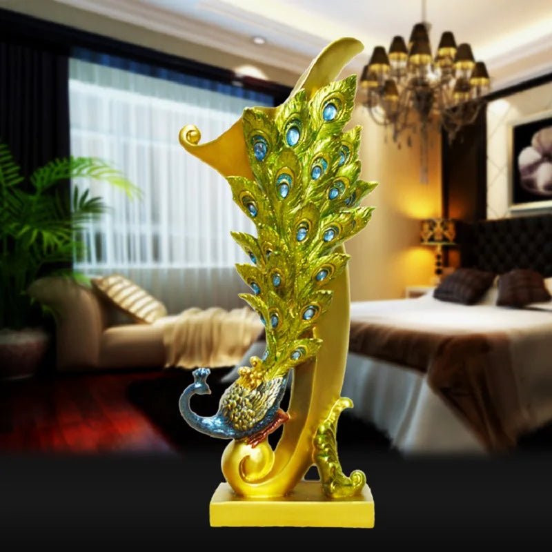 Luxury Resin Peacock Statue – Modern Gold - Tone & Blue Bird Sculpture - Hizoni