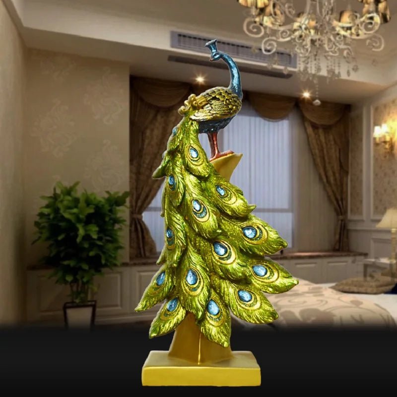 Luxury Resin Peacock Statue – Modern Gold - Tone & Blue Bird Sculpture - Hizoni