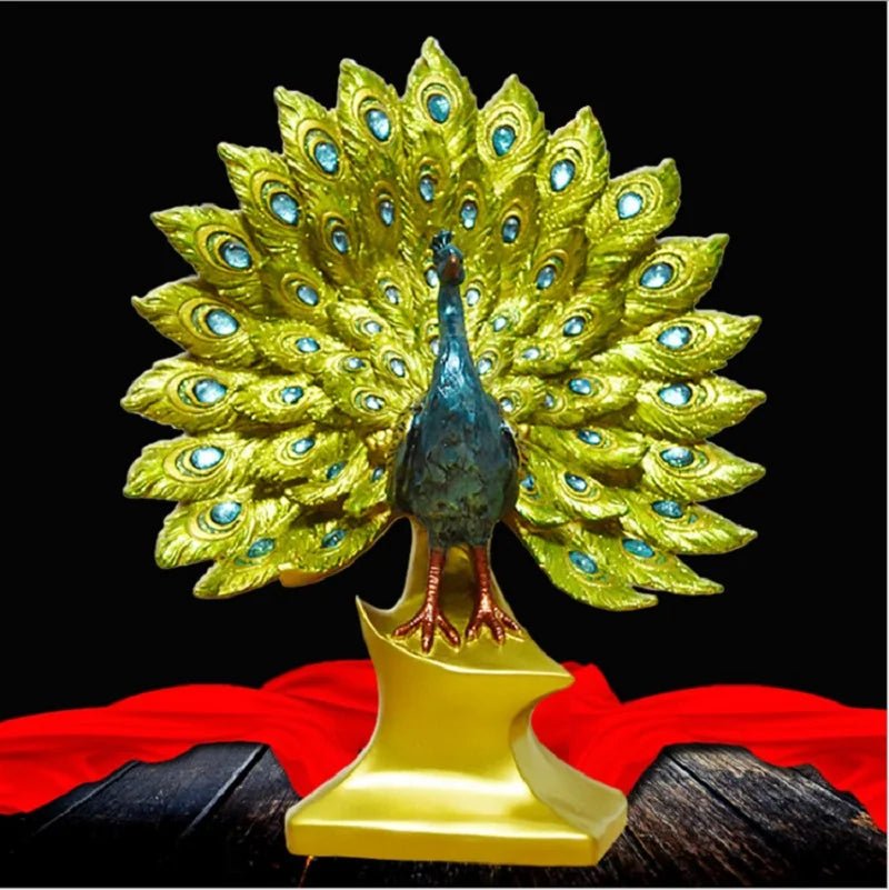 Luxury Resin Peacock Statue – Modern Gold - Tone & Blue Bird Sculpture - Hizoni