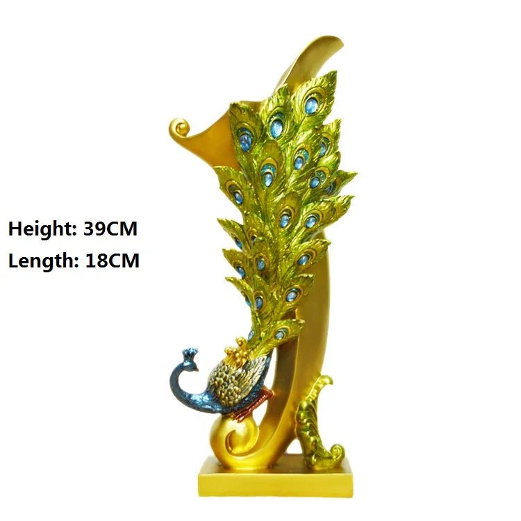 Luxury Resin Peacock Statue – Modern Gold - Tone & Blue Bird Sculpture - Hizoni