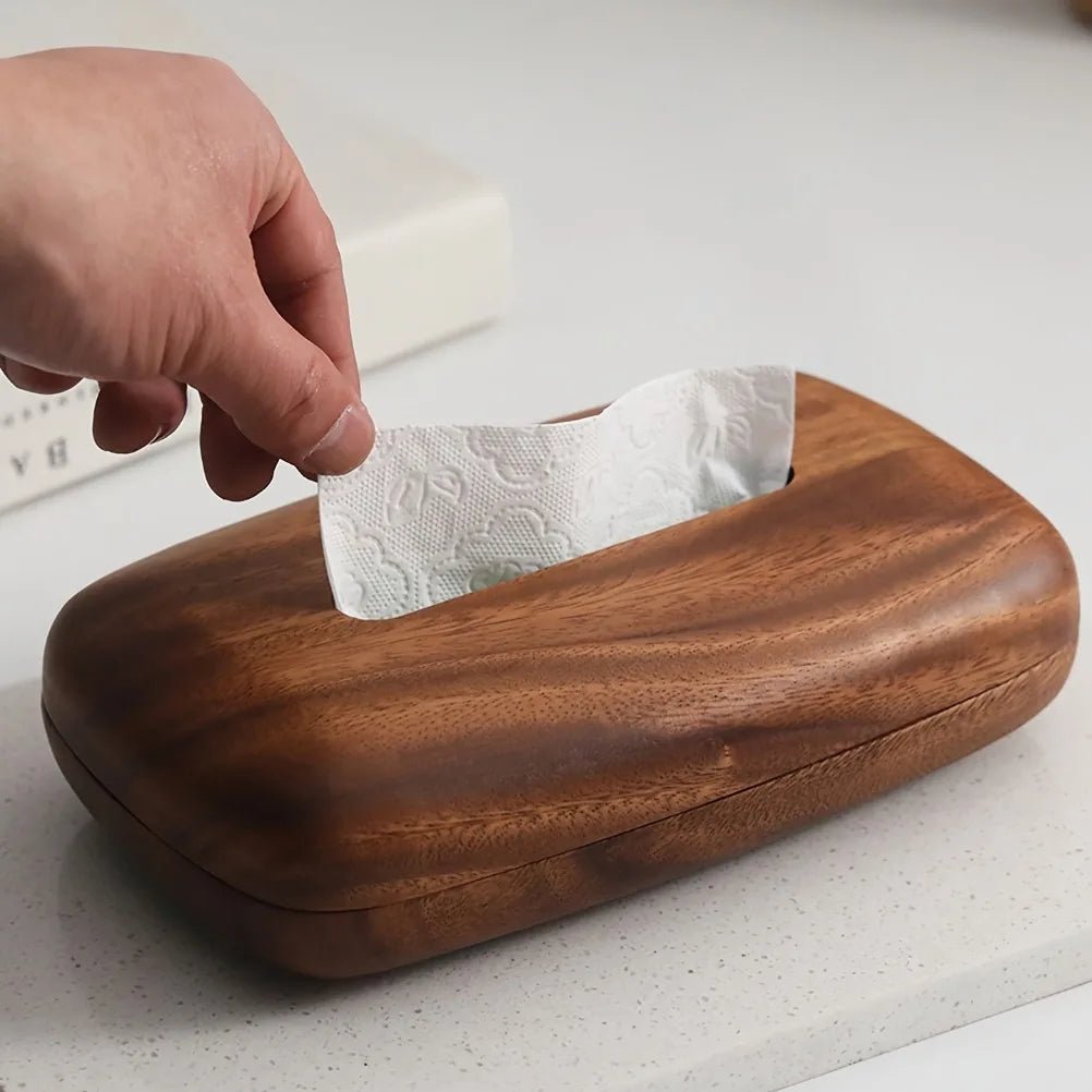 Luxury Walnut Wood Tissue Box – Vintage Pebble Desktop Storage Case - Hizoni