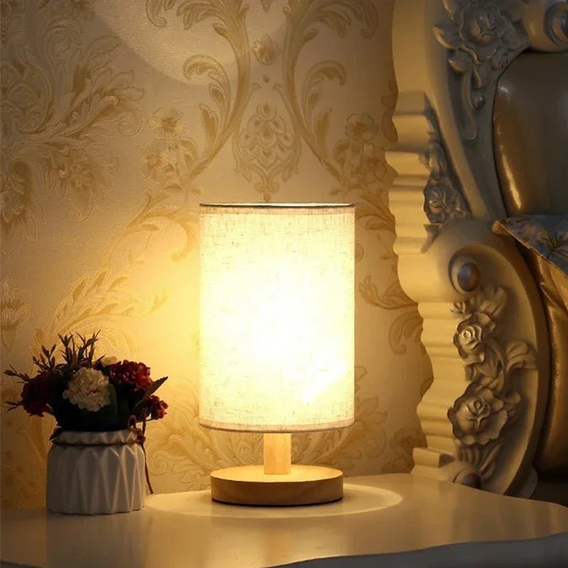 Minimalist Wood & Fabric Bedside Lamp – Retro USB Dimmable Night Light - Hizoni