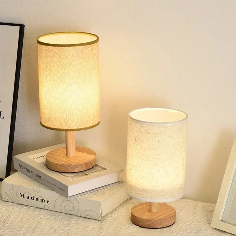 Minimalist Wood & Fabric Bedside Lamp – Retro USB Dimmable Night Light - Hizoni
