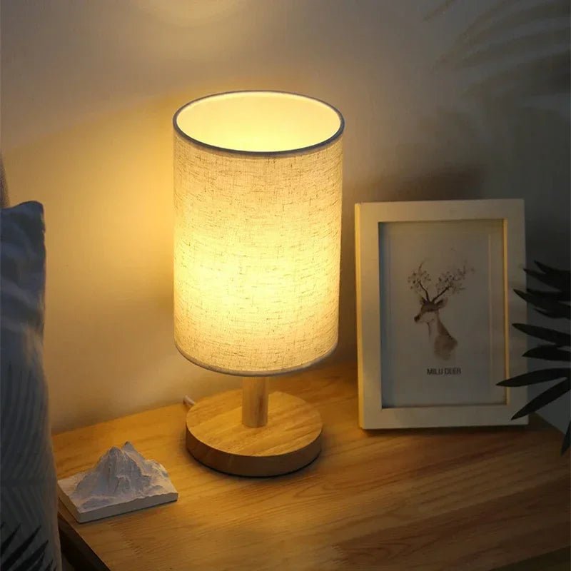 Minimalist Wood & Fabric Bedside Lamp – Retro USB Dimmable Night Light - Hizoni