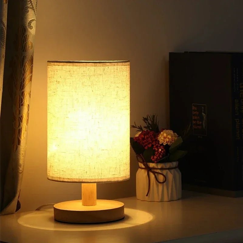 Minimalist Wood & Fabric Bedside Lamp – Retro USB Dimmable Night Light - Hizoni