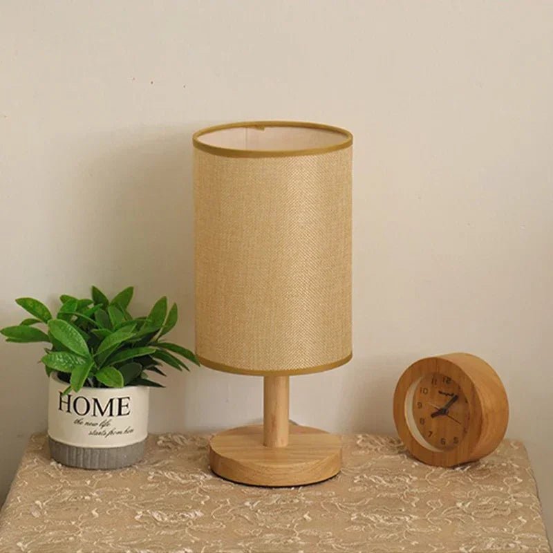 Minimalist Wood & Fabric Bedside Lamp – Retro USB Dimmable Night Light - Hizoni